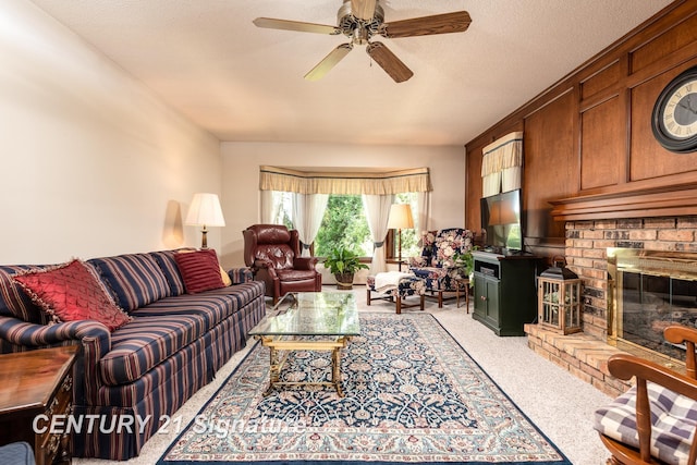 33 Ferro St, Sanford, MI 48657 - carpeted living area with a fireplace and a ceiling fan