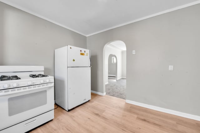 8127 Continental Ave, Warren, MI 48089 - kitchen with light wood-style floors, white appliances, crown molding, baseboards, and arched walkways