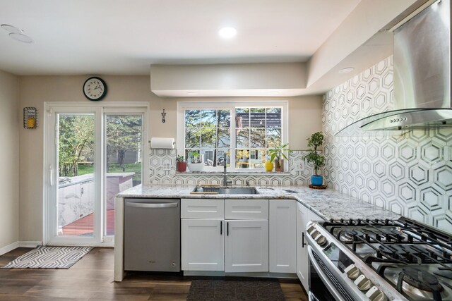 kitchen with decorative backsplash, light stone countertops, wall chimney range hood, a sink, and stainless steel appliances