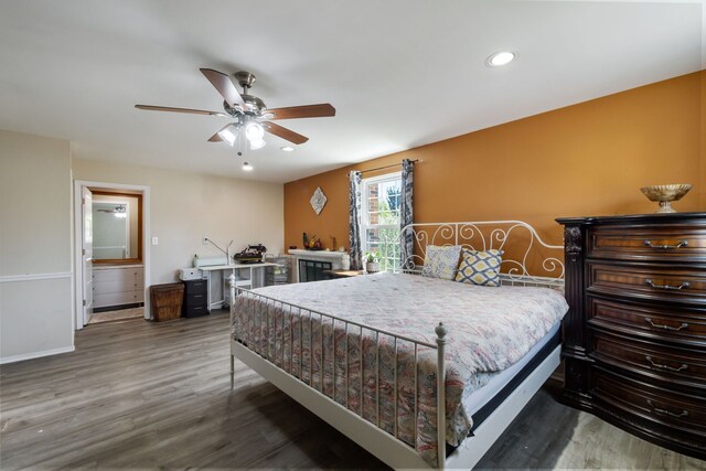 bedroom with recessed lighting, a ceiling fan, baseboards, and wood finished floors