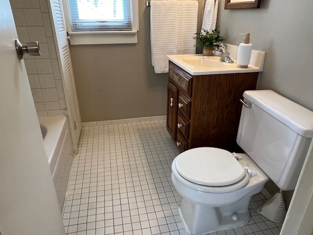 bathroom featuring toilet, tile patterned flooring, walk in shower, and vanity