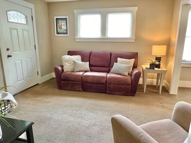 carpeted living area with a wealth of natural light and baseboards