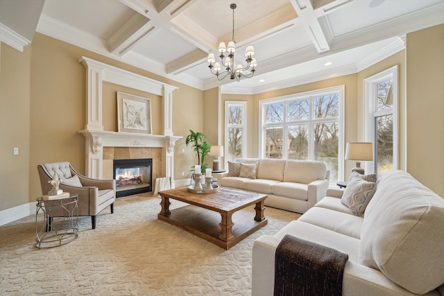 810 Highwood Dr, Bloomfield Hills, MI 48304 - living room featuring beam ceiling, coffered ceiling, and crown molding
