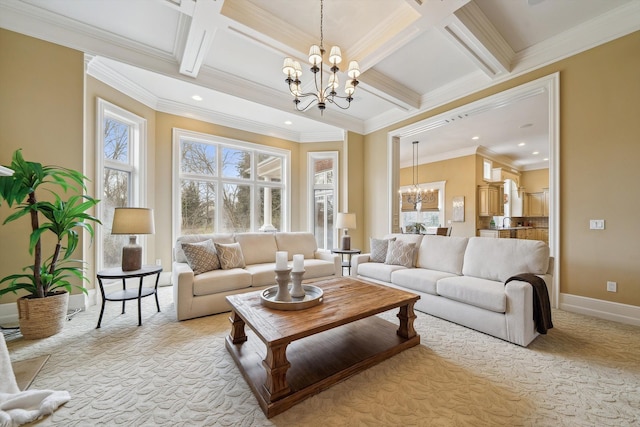 810 Highwood Dr, Bloomfield Hills, MI 48304 - living area featuring coffered ceiling, baseboards, an inviting chandelier, beam ceiling, and ornamental molding
