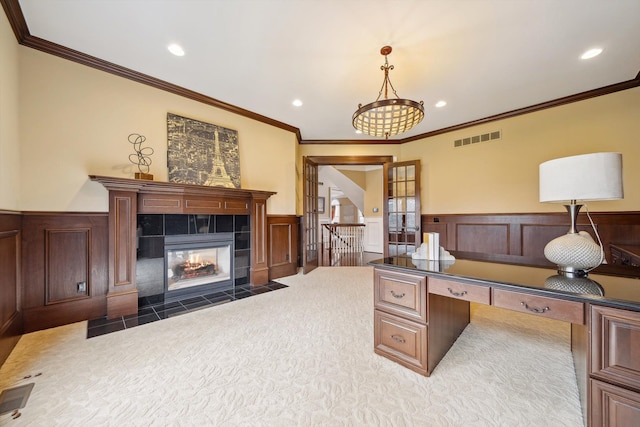 810 Highwood Dr, Bloomfield Hills, MI 48304 - home office featuring visible vents, wainscoting, and recessed lighting