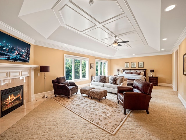 810 Highwood Dr, Bloomfield Hills, MI 48304 - living room with crown molding, ceiling fan, a tray ceiling, baseboards, and a premium fireplace