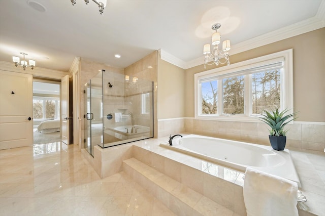 810 Highwood Dr, Bloomfield Hills, MI 48304 - bathroom with a stall shower, a notable chandelier, a bath, and ensuite bathroom