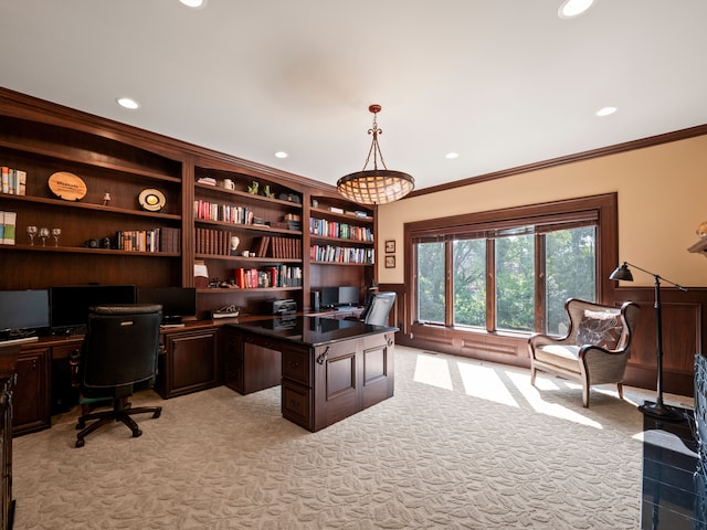 810 Highwood Dr, Bloomfield Hills, MI 48304 - office space with ornamental molding, recessed lighting, built in study area, and light colored carpet
