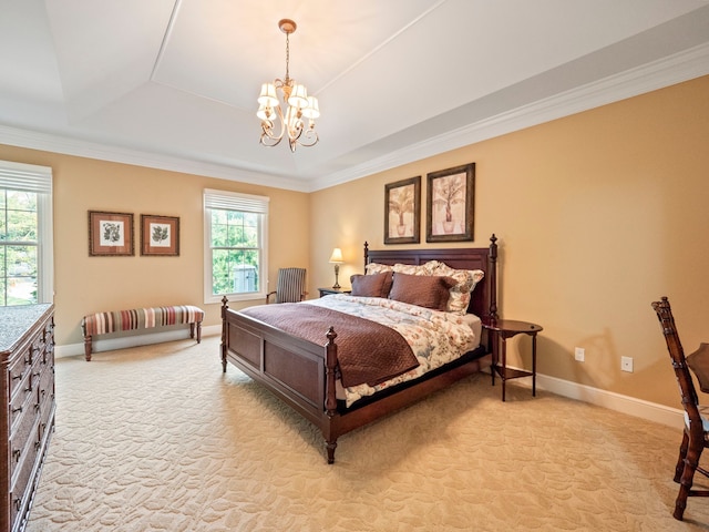 810 Highwood Dr, Bloomfield Hills, MI 48304 - bedroom featuring multiple windows, a chandelier, light carpet, and a tray ceiling