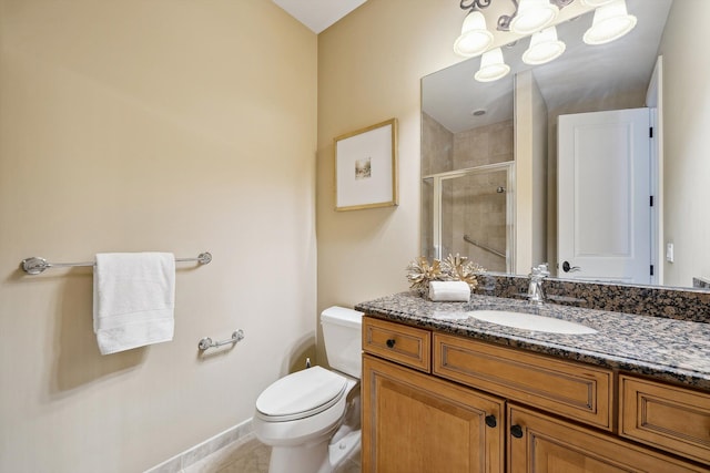 810 Highwood Dr, Bloomfield Hills, MI 48304 - bathroom featuring vanity, tile patterned floors, toilet, a stall shower, and baseboards