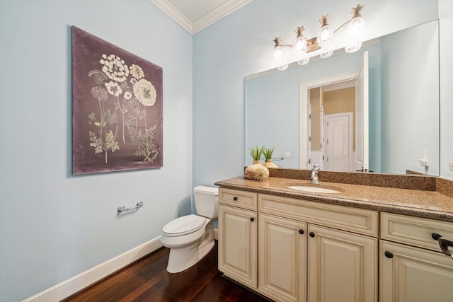 810 Highwood Dr, Bloomfield Hills, MI 48304 - half bath with baseboards, toilet, ornamental molding, wood finished floors, and vanity