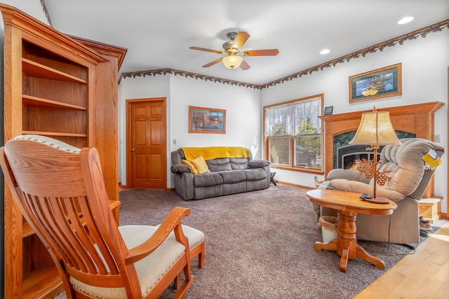 3553 Alpine Ct, Hillsdale, MI 49242 - living room with recessed lighting, carpet flooring, a fireplace, ceiling fan, and baseboards
