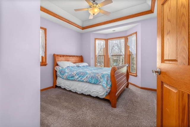 3553 Alpine Ct, Hillsdale, MI 49242 - bedroom featuring baseboards, ceiling fan, carpet, and a tray ceiling