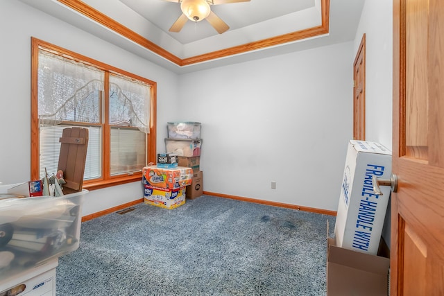 3553 Alpine Ct, Hillsdale, MI 49242 - playroom with a raised ceiling, ceiling fan, baseboards, and carpet floors