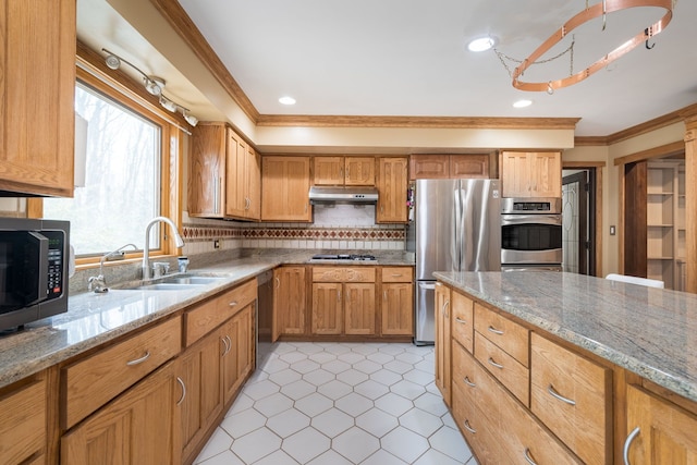 kitchen featuring under cabinet range hood, appliances with stainless steel finishes, ornamental molding, and a sink