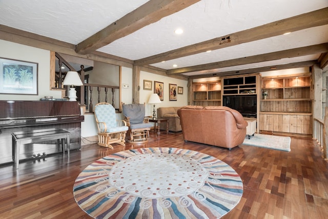 living area with beam ceiling, recessed lighting, and wood finished floors