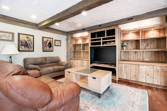living room featuring recessed lighting, dark wood-style flooring, and beam ceiling