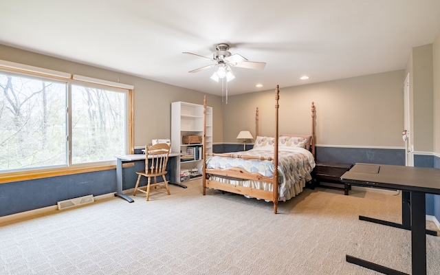 bedroom featuring recessed lighting, a ceiling fan, and visible vents