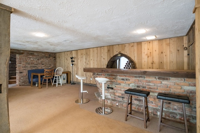 bar with carpet floors, a textured ceiling, and wood walls