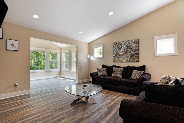 living area with vaulted ceiling, a wealth of natural light, and baseboards