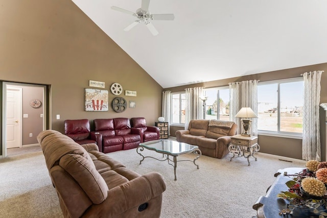 1355 Ridge View Ct, Grand Blanc, MI 48439 - carpeted living area with high vaulted ceiling, ceiling fan, baseboards, and visible vents