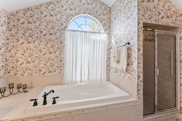 1355 Ridge View Ct, Grand Blanc, MI 48439 - bathroom with vaulted ceiling, a stall shower, wallpapered walls, and a bath