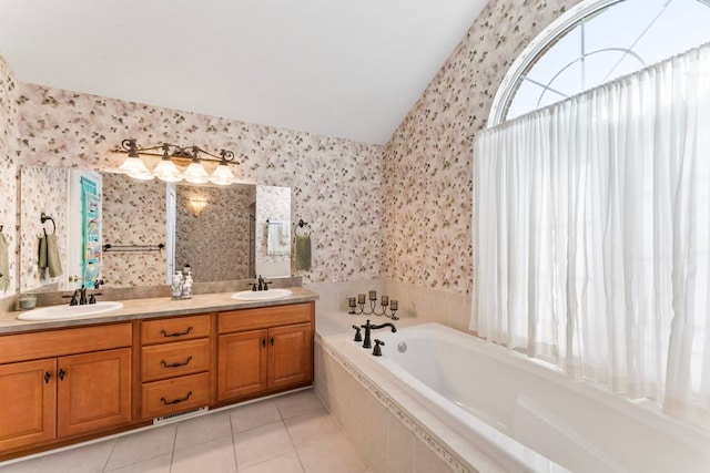 1355 Ridge View Ct, Grand Blanc, MI 48439 - bathroom with tile patterned floors, wallpapered walls, a sink, and lofted ceiling