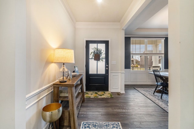 2670 Ironton Dr, Commerce Twp, MI 48382 - foyer featuring dark wood-type flooring, a decorative wall, ornamental molding, and wainscoting
