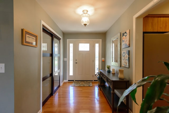 entrance foyer with baseboards and light wood-style flooring