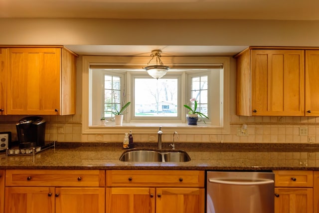 kitchen with dark stone countertops, tasteful backsplash, a sink, and dishwasher