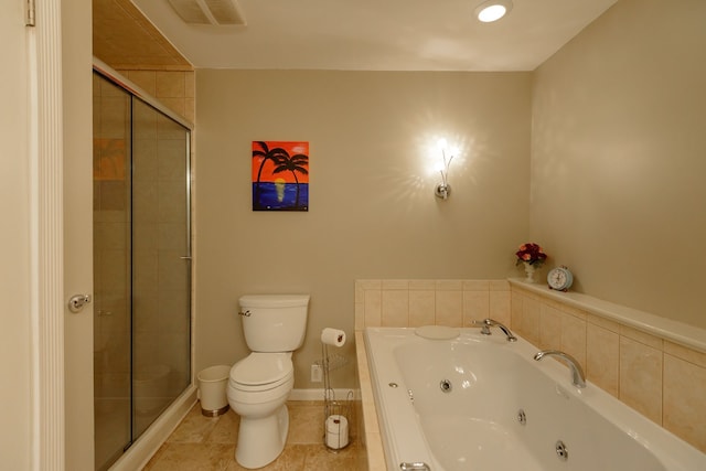 bathroom featuring tile patterned flooring, toilet, a jetted tub, visible vents, and a stall shower