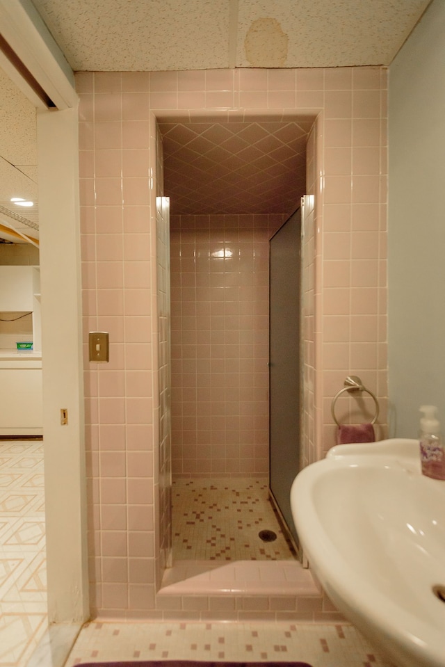 bathroom with a sink and a shower stall