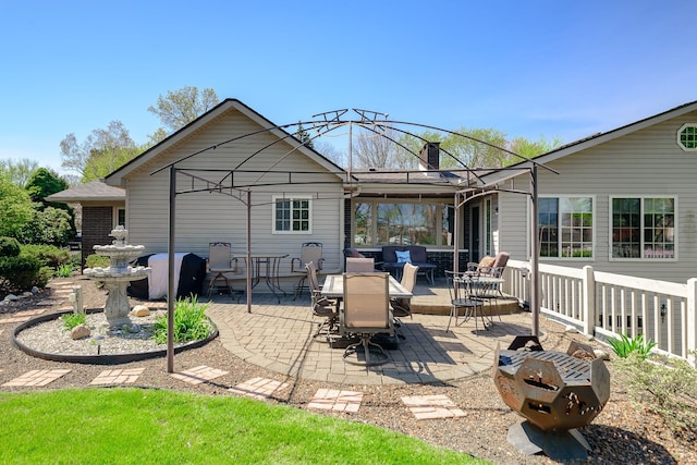 rear view of house with a patio and a chimney
