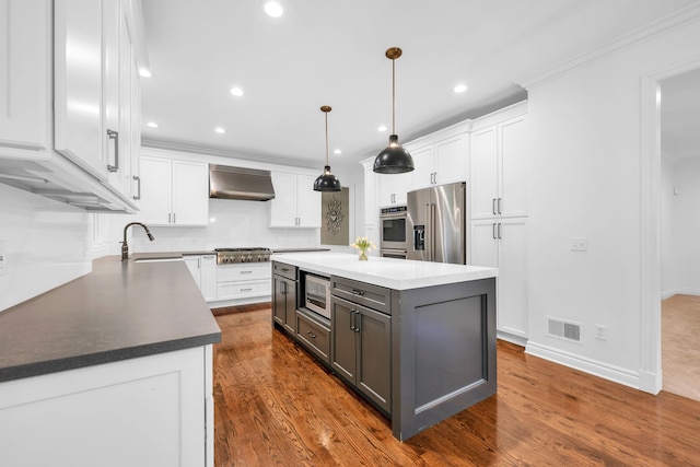 kitchen featuring gray cabinets, stainless steel appliances, extractor fan, white cabinets, and visible vents