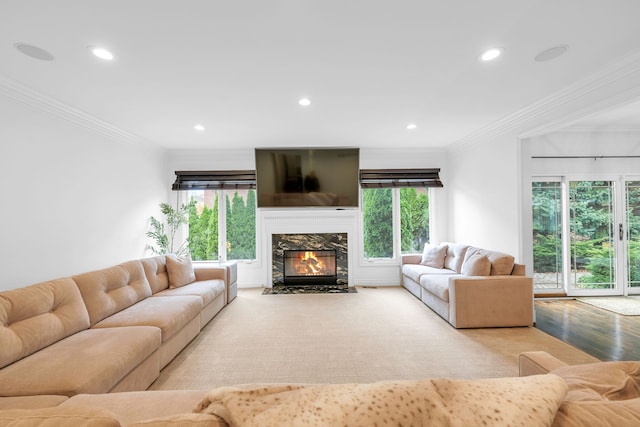 living room with a wealth of natural light, recessed lighting, ornamental molding, and a high end fireplace