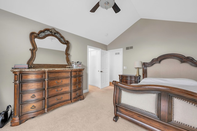 bedroom featuring a ceiling fan, visible vents, high vaulted ceiling, and light carpet