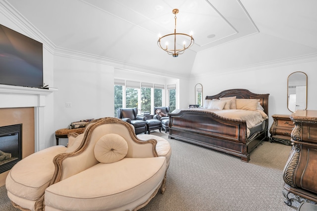 carpeted bedroom with lofted ceiling, a glass covered fireplace, a chandelier, and crown molding