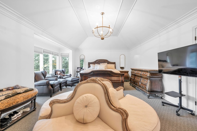 carpeted bedroom with an inviting chandelier, crown molding, and lofted ceiling