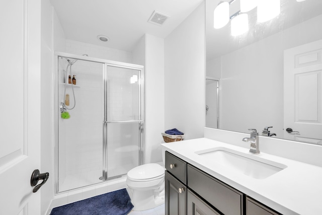 full bathroom featuring visible vents, toilet, tile patterned flooring, and a stall shower