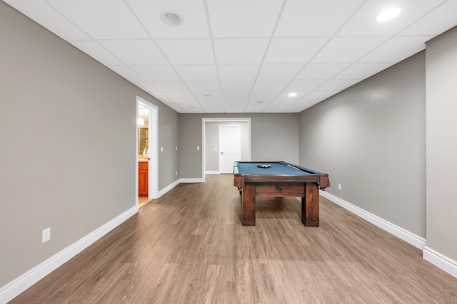 playroom featuring a paneled ceiling, billiards, wood finished floors, and baseboards