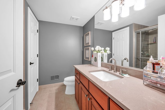 bathroom with toilet, a stall shower, visible vents, and tile patterned floors