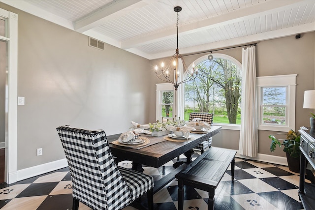 dining area with a notable chandelier, wooden ceiling, beam ceiling, and visible vents