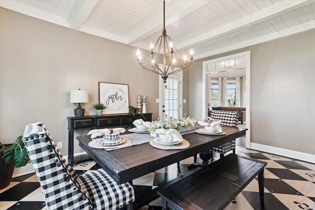 dining space with an inviting chandelier, baseboards, wooden ceiling, and beamed ceiling