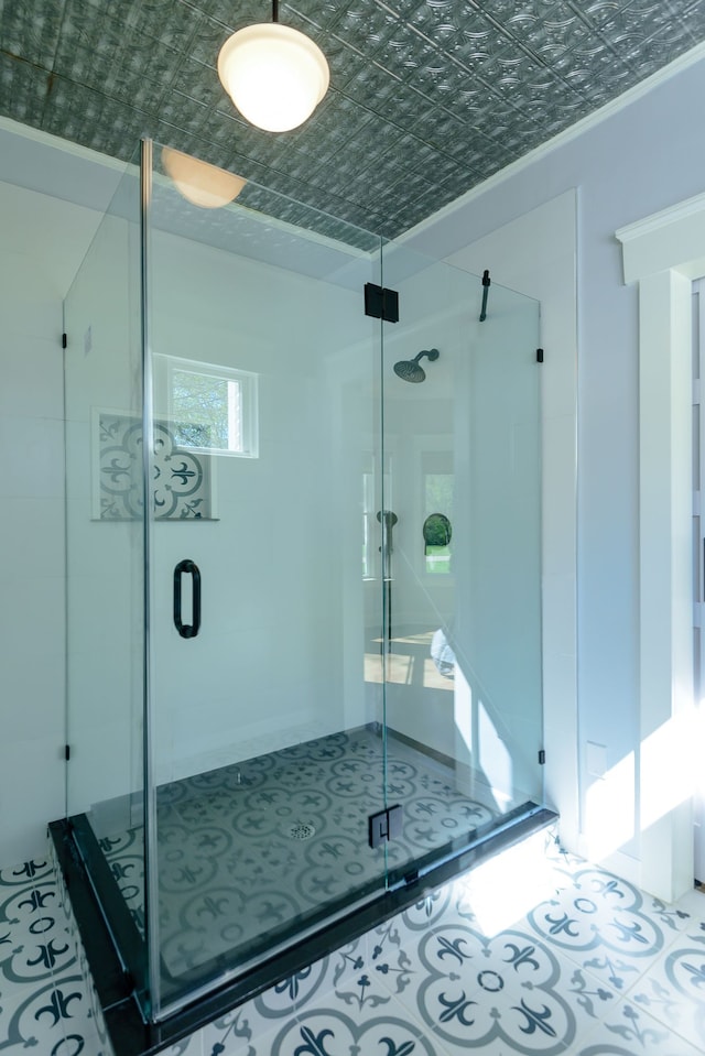 full bathroom with an ornate ceiling and a stall shower