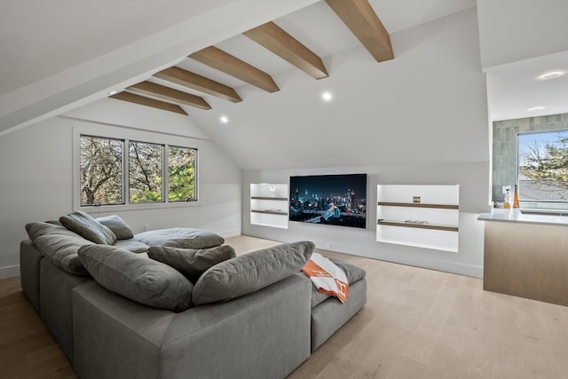 living room featuring baseboards, vaulted ceiling with beams, recessed lighting, and wood finished floors