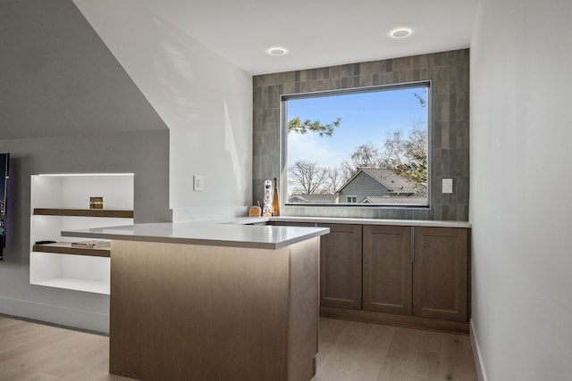 interior space featuring light wood-type flooring, light countertops, and a peninsula