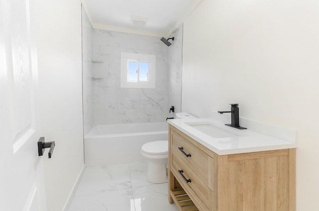 23040 Shakespeare Ave, Eastpointe, MI 48021 - bathroom featuring marble finish floor, toilet, shower / washtub combination, vanity, and baseboards