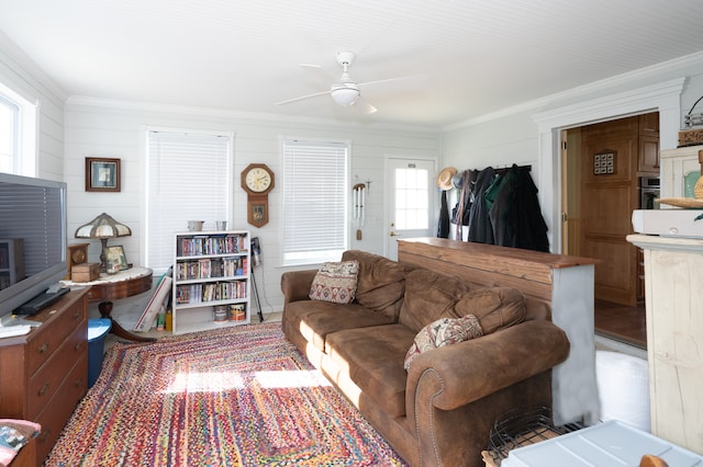 117 Bradley St, Romeo, MI 48065 - living room featuring ornamental molding and ceiling fan
