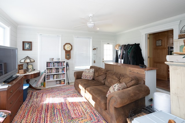 117 Bradley St, Romeo, MI 48065 - living area featuring crown molding, ceiling fan, and a wealth of natural light