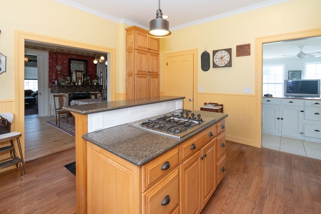 117 Bradley St, Romeo, MI 48065 - kitchen featuring light wood-style floors, stainless steel gas stovetop, a wainscoted wall, and a center island